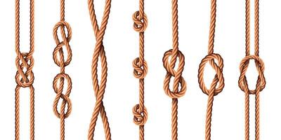 Nautical knots. Realistic ropes with sailor or scout knot types. Tied marine jute cords with loops. Bended cartoon hemp threads vector set