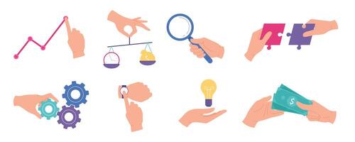 Businessman hands. Business analysis and statistic, research work, teamwork, time management, creative ideas and audit concepts vector set