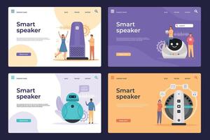 Electronic smart speakers with virtual assistant web page. People control devices with voice commands. Interactive ai device vector landings