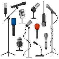 Microphones on stands. Singer mic with wire for stage performance. Music studio audio record equipment. Cartoon radio microphone vector set