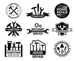 personal de mantenimiento logo. mecánico y hogar reparar Servicio logos con construcción y práctico herramientas, llave inglesa y martillo. constructor empresa sello vector conjunto