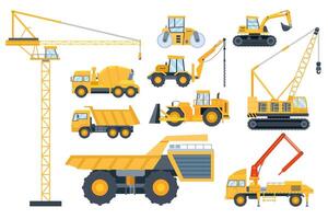 construcción pesado equipo. grua y edificio maquinaria, la carretera rodillo, excavador, tractor, cemento mezclador camión y perforar máquina vector conjunto