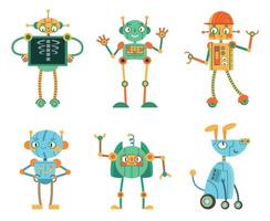 dibujos animados robots, simpático caracteres con artificial inteligencia. innovador inteligente máquinas para niños, robótico perro vector