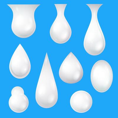 Milk drops. Realistic yogurt, cream or cosmetic white droplets. Skin care mousse, gel or lotion. Dripping almond or coconut milk vector set