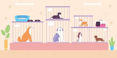 Animal shelter, adoption center or petshop interior with dogs. Rescued stray pets in cages. Dog kennel, help shelter or shop vector concept