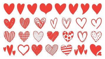 departamento, garabatear y bosquejo rojo corazón forma icono diseños resumen romántico emoji símbolo. mano dibujado Boda y enamorado día corazones vector conjunto