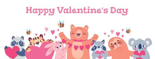 san valentin día bandera con animales diseño con linda oso, panda, coala, abejas y conejito participación corazones. dibujos animados amor fiesta vector póster