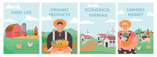 Farm posters. Agriculture field, agronomy and stock concept. Farmers grow organic nature food. Farm market, agricultural business vector set