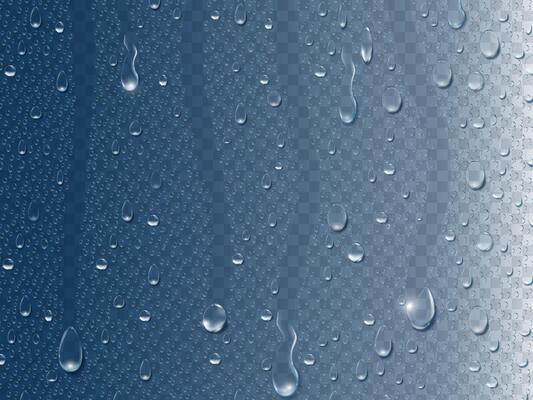 Rain drops on window. Realistic 3d condensation water drop and vapor bubble on glass surface. Pure liquid droplet vector transparent concept