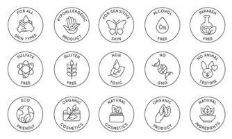 Eco cosmetics icon. Organic natural products alcohol, paraben and gluten free line icons for packaging. Round stamps and badges vector set