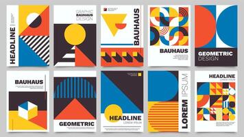 Bauhaus forms. Square tiles with modern geometric patterns with abstract figures and shapes. Contemporary graphic bauhaus design vector set. Circle, triangle and square lines art