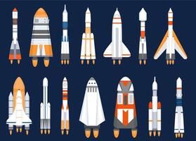 Space rockets. Flat spaceship shuttles launched for cosmic explore mission. Futuristic galaxy travel technology, spacecraft ship vector set