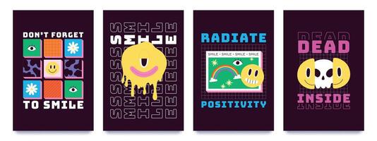 T-shirt design with psychedelic smiley faces, graffiti art. Melting emoji with skull, rainbow and slogan. Cool 70s groovy prints vector set