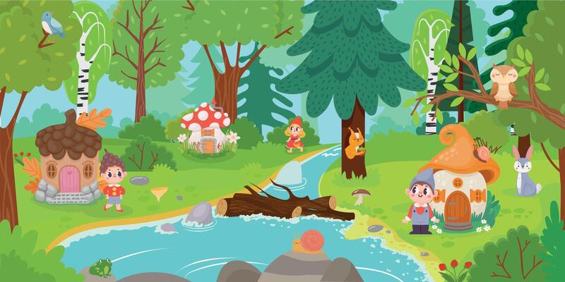 Cartoon elves and gnomes in magic forest