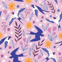 Vintage seamless pattern with flying swallows, flowers and plants. Rural meadow print with birds and leaves. Vector cottage core wallpaper