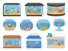 Cartoon home aquariums with fishes, corals, plants and decor. Aquarium tank with underwater pets and seaweeds. Glass fish bowls vector set