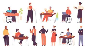 inclusivo multicultural oficina trabajadores a lugar de trabajo. dibujos animados negocio personas en silla de ruedas, discapacitado personaje a trabajar. diversidad vector conjunto