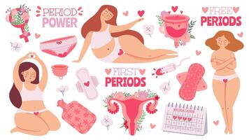 hembra menstruación. mujer con período y higiene producto tampón, sanitario almohadillas y menstrual taza. dibujos animados matriz con flores, vector conjunto