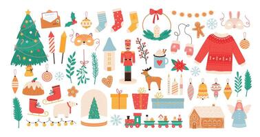 Christmas stickers. Winter holiday decorations, xmas tree, gift boxes, baubles, masks, candles and gingerbread man. New Year flat vector set