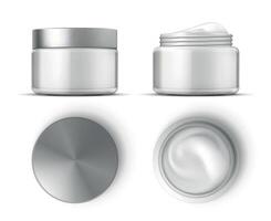 Cosmetic cream in white jar top and front views mockup. Realistic skin care product package. Round open container with cream gel vector set