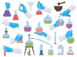 Chemistry laboratory test tubes and science tools for experiment. Chemist or doctor hands in gloves hold lab beakers and flasks vector set