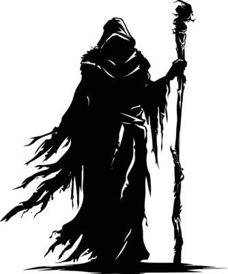 AI generated Silhouette mage with staff full body black color only