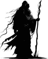 AI generated Silhouette mage with staff full body black color only vector