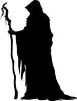 AI generated Silhouette mage with staff full body black color only vector