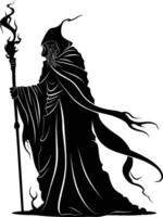 AI generated Silhouette mage with staff full body black color only vector