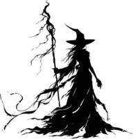 AI generated Silhouette mage with staff full body black color only vector