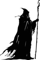 AI generated Silhouette mage with staff full body black color only vector