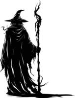 AI generated Silhouette mage with staff full body black color only vector