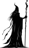 AI generated Silhouette mage with staff full body black color only vector