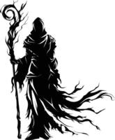 AI generated Silhouette mage with staff full body black color only vector