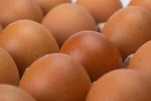 Raw chicken eggs in egg box close up. Eggs are in the panel. Fresh chicken eggs in a cardboard container in the kitchen. photo