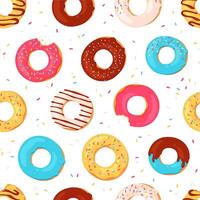 Donuts seamless pattern. Sweet summer print with glazed doughnuts. Bitten donut with pink icing and sprinkles. Bakery dessert vector texture