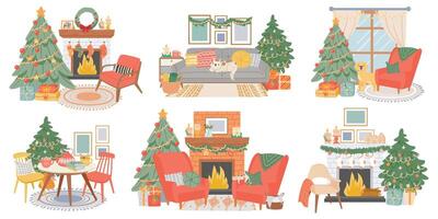 Christmas interiors. New year decorated room with pine tree, fireplace, cozy chairs, cat and dog. Home winter holiday atmosphere vector set