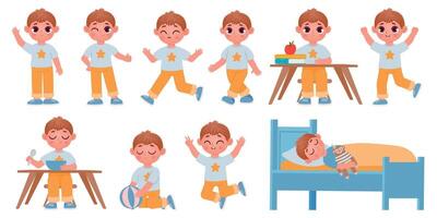 Cartoon kid boy character poses, gestures and expressions for animation. Happy school child playing, sleeping, waving and running vector set