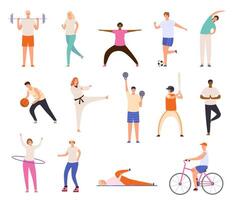 deporte gente. hombres y mujer ejercicio, ejercicio, haciendo yoga y aptitud física, correr y jugando baloncesto. sano estilo de vida caracteres vector conjunto