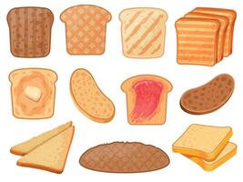 Cartoon toasts. Fresh toasted whole grain and wheat bread slices with butter and jam for breakfast. Roasted sandwich toast pieces vector set