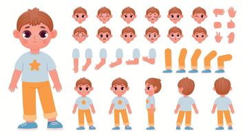 Cartoon boy character constructor with body parts and face emotions. Child expressions, leg poses and hand gestures for animation vector set