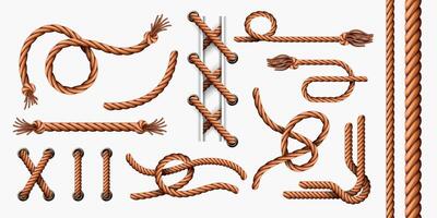 Realistic rope elements. Curved sailor jute ropes with loops and knots, hemp cord brushes and thread with tassel. Rope in holes vector set