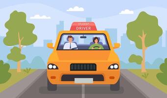 Driving school lesson. Cartoon instructor and female student drive car on road. Teacher tests woman for driver license, flat vector concept