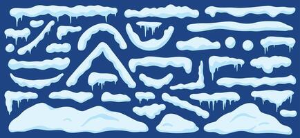 Cartoon snowdrifts. Winter snow piles, drifts, window and roof caps, lines and borders with icicles. Christmas frost decoration vector set