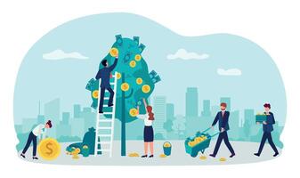 Investment concept. People growing money on trees. Businessman and woman picking cash from plants. Workers get financial profit vector
