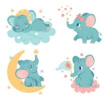 linda dibujos animados elefantes bebé caracteres soñando, dormido en mullido nube. adorable animal sentado en Luna vector