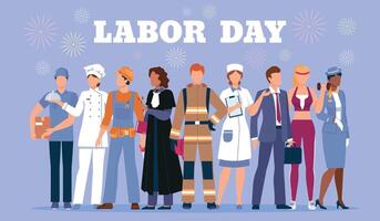 Happy labor day poster with people workers in profession uniform. International job work holiday. Diverse characters employee vector banner