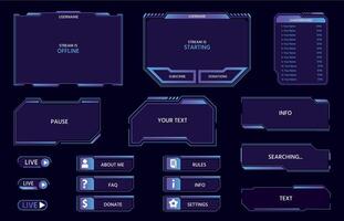 Digital futuristic ui panels and buttons, game live stream. Neon HUD frames, leaderboard, menu and bars for video streaming show vector set