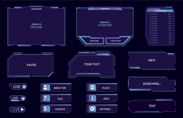 Digital futuristic ui panels and buttons, game live stream. Neon HUD frames, leaderboard, menu and bars for video streaming show vector set