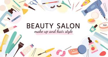 Beauty salon banner. Poster for hairdresser, makeup artist and nail salons with cosmetics and skin care products, fashion vector template